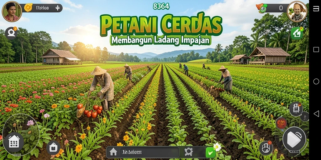 Screenshot dari gameplay 8364 menunjukkan ladang yang subur dan interaksi sosial.