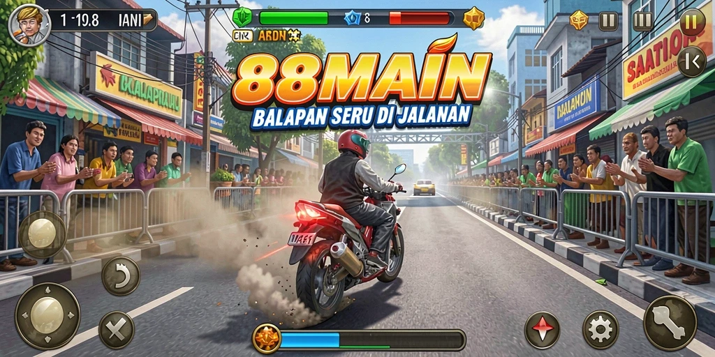 Tampilan seru dari gameplay balapan 88MAIN yang mendebarkan.