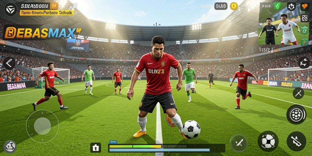 Gameplay mendebarkan dari BEBASMAX dalam aksi sepak bola.