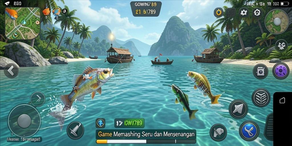 Screenshot gameplay GOWIN789 menampilkan momen menangkap ikan yang seru.