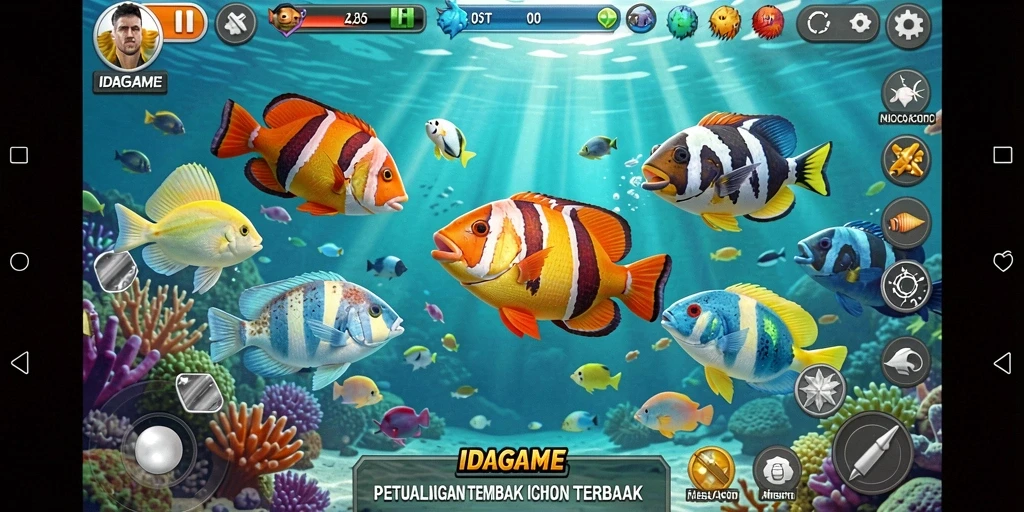 Tangkapan layar gameplay IDAGAME dengan aksi tembak ikan yang seru.