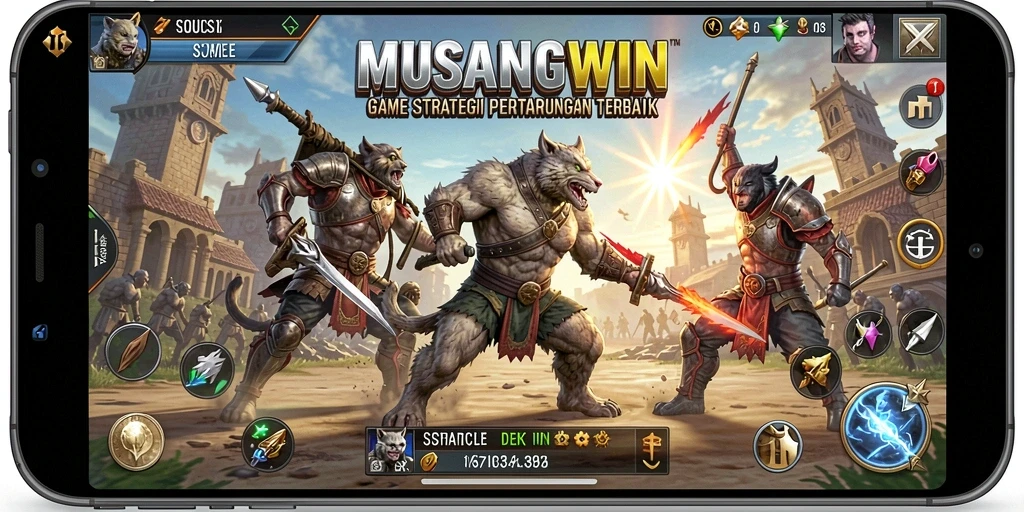 Screenshot MUSANGWIN menampilkan aksi pertempuran strategis yang seru.
