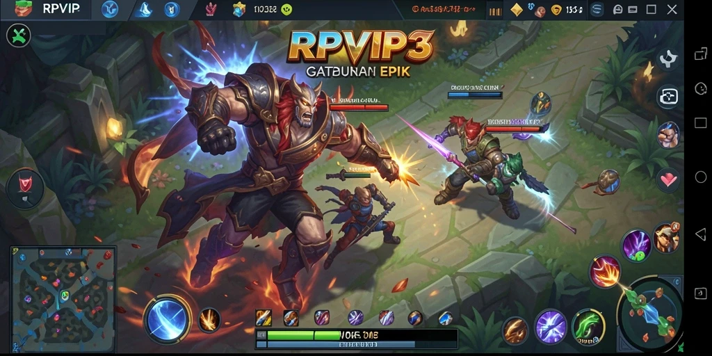 Tangkapan layar dari permainan RPVIP3 yang menunjukkan aksi pertempuran MOBA yang seru.