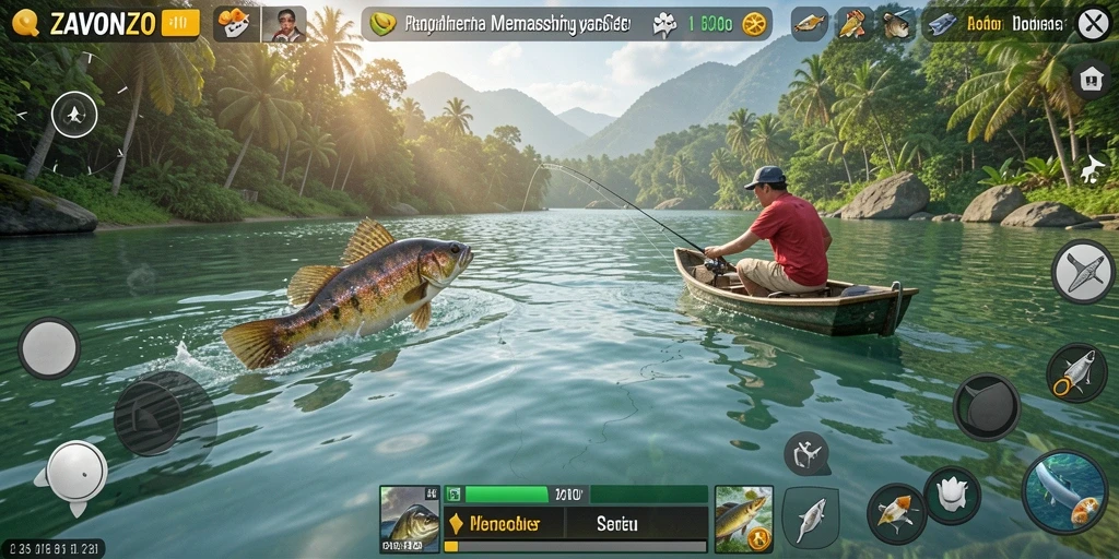 Tampilan gameplay ZAVONZO dengan suasana memancing yang memukau.